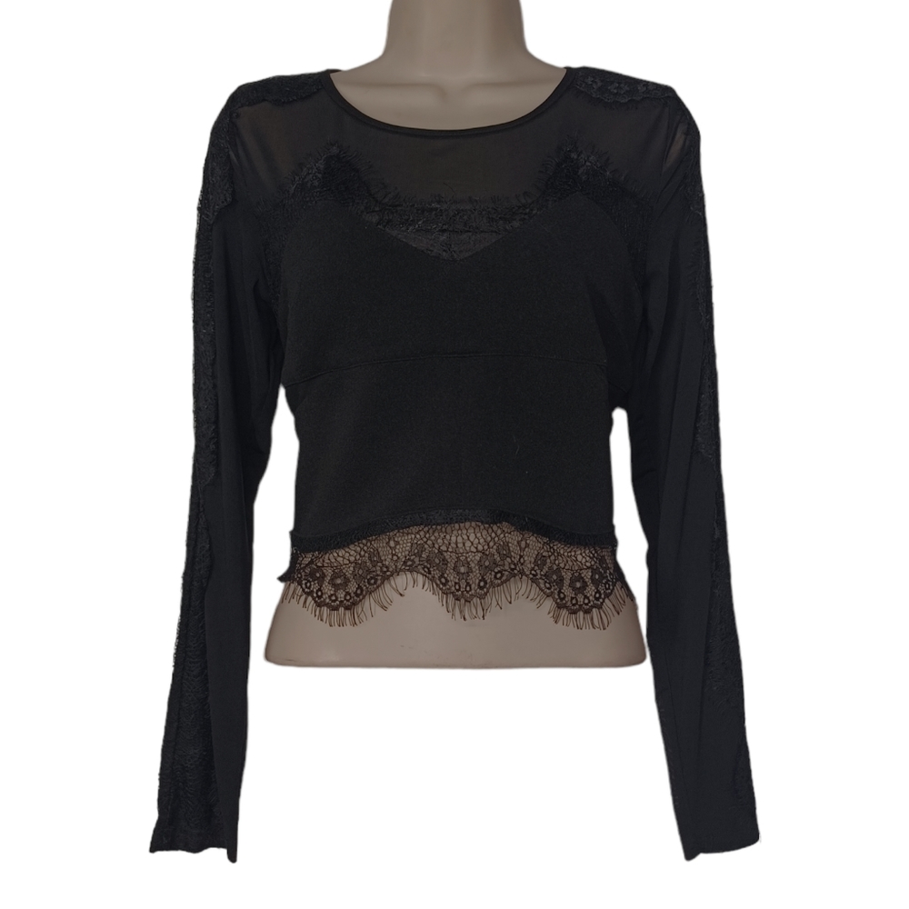 PRIVY Black Lace Semi Sheer Long Sleeve Top Large